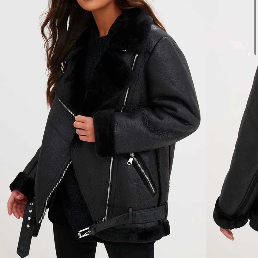 Pretty little thing black PU aviator jacket